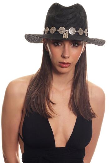 LABALABA Women's Antique Silver Plated Metal Belt Detailed Original Design Black Color Straw Hat