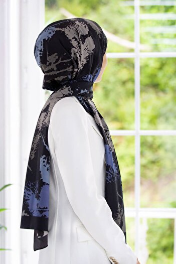 Vissona Women's Luxury Medina Silk Shawl Navy Blue - Gray