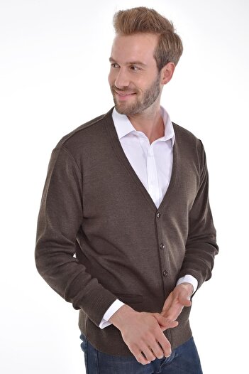 Çizgi Triko Men's Knitwear Brown Cardigan Buttoned Pocket Detailed Woven Steel Knit