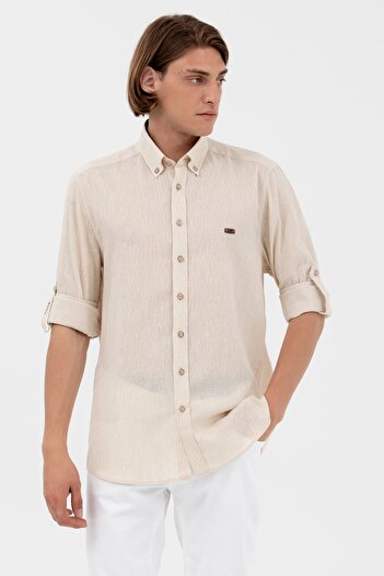 U.S. Polo Assn. Ανδρικό λινό πουκάμισο - μανίκι 3/4, πέτο πουκάμισου, κανονική εφαρμογή