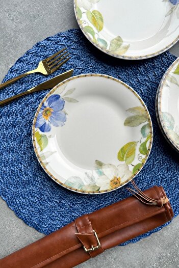 porselenden Spring 20 Cm Cream Flowered Porcelain Cake Plate Service Set for 6 Persons