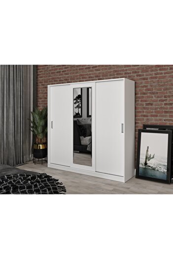 WENCE Samira Sürgülü Aynalı Mdf Gardrop Elbise Dolabı Beyaz - Tamamı 1. Kalite Mdf