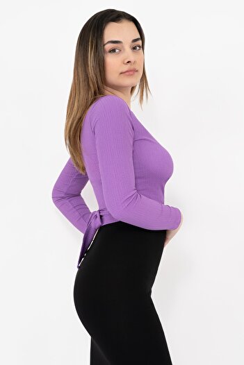 Soyo Women's Purple Double Breasted Long Sleeve Tied Crop Top Blouse