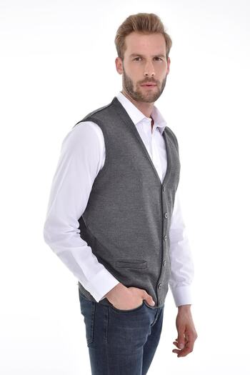 Çizgi Triko Men's Knitwear Gray Vest Buttoned Pocket Detailed Woven Steel Knit