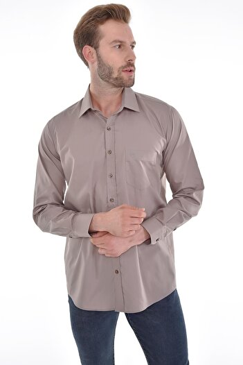 Çizgi Triko Classic Collar Classic Cut Plain Mink Color Long Sleeve Men's Shirt with Pockets