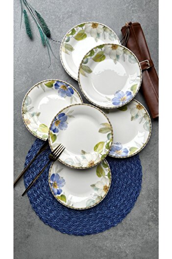 porselenden Spring 20 Cm Cream Flowered Porcelain Cake Plate Service Set for 6 Persons