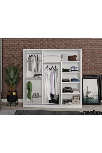 WENCE Samira Sürgülü Aynalı Mdf Gardrop Elbise Dolabı Beyaz - Tamamı 1. Kalite Mdf