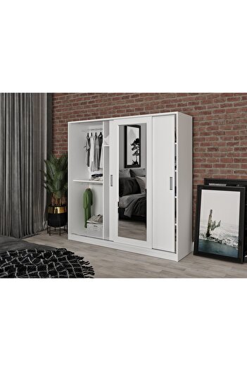 WENCE Samira Sürgülü Aynalı Mdf Gardrop Elbise Dolabı Beyaz - Tamamı 1. Kalite Mdf