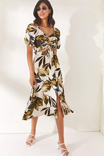 Olalook Women's Leaf Ecru Khaki Top Blouse Bottom Slit Skirt Set TKM-19000188