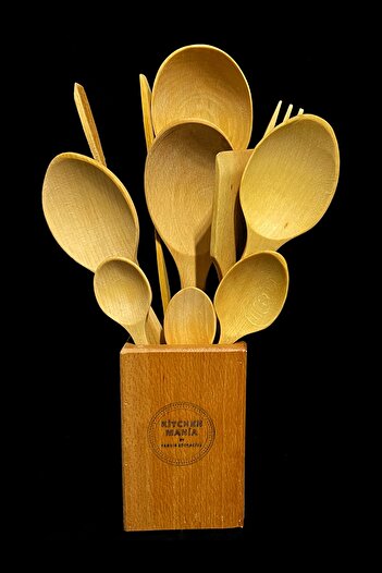 Kitchen Mania 11 Pieces Oiled Beech Wooden Spoon Wooden Spatula Serving Ladle Wooden Fork Tongs Set - with Wooden Stand
