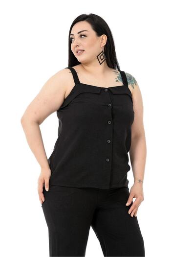 DISENTIS MODEST Large Size Button Detailed Blouse Trousers Aerobin Black Set