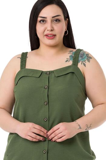 DISENTIS MODEST Large Size Button Detailed Blouse Trousers Aerobin Khaki Set