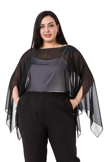 DISENTIS MODEST Plus Size Asymmetric Cut Chiffon Black Cloak Bolero