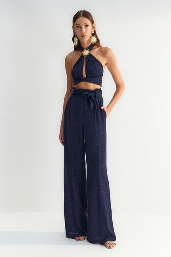 Trendyol Collection X Zeynep Tosun Navy Blue Belted Lurex Knitted Trousers TCLSS23PL00002