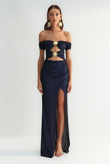 Trendyol Collection X Zeynep Tosun Navy Blue Sun Detailní večerní a maturitní šaty TCLSS23AE00002