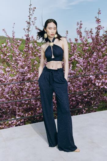 Trendyol Collection X Zeynep Tosun Navy Blue Belted Lurex Knitted Trousers TCLSS23PL00002