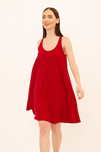 Laranor Red U-Neck Comfortable Cut Dress
