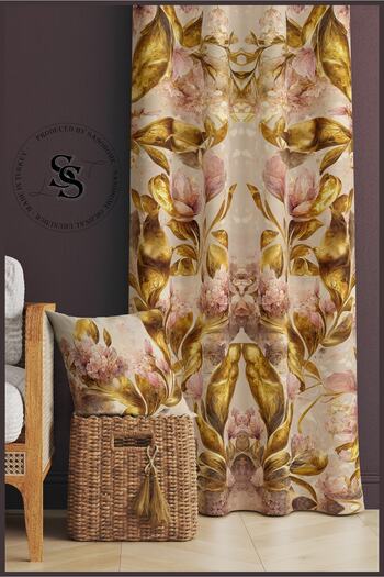 SasoHome Cream Background Gold Leaves Patterned Velvet 140 X 270 Cm Quality - Digital Printed Background Curtain