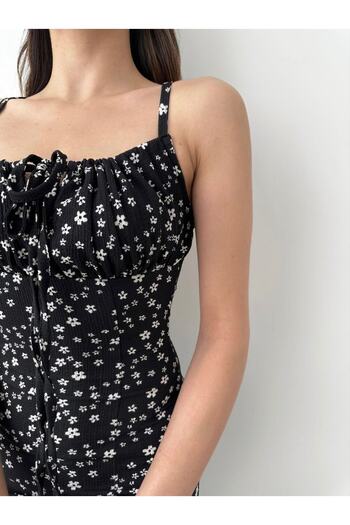 laughs Women's Strappy Floral Patterned Front Lace Slit Midi Length Casual Dress Rd1033