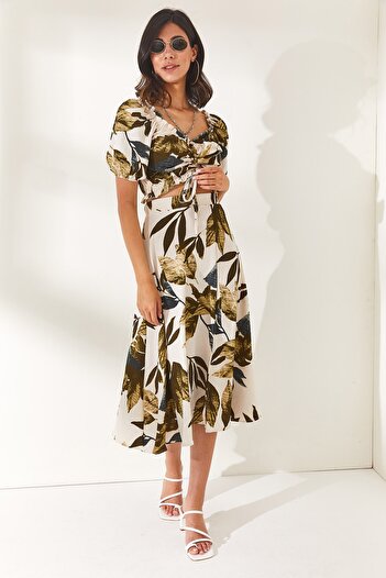 Olalook Women's Leaf Ecru Khaki Top Blouse Bottom Slit Skirt Set TKM-19000188