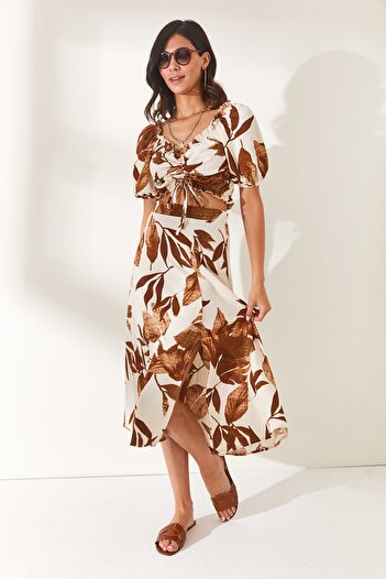 Olalook Women's Leaf Ecru Tan Top Blouse Bottom Slit Skirt Set TKM-19000188