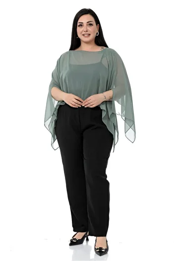 DISENTIS MODEST Plus Size Asymmetric Cut Chiffon Water Green Cloak Bolero