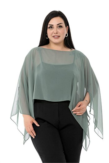 DISENTIS MODEST Plus Size Asymmetric Cut Chiffon Water Green Cloak Bolero