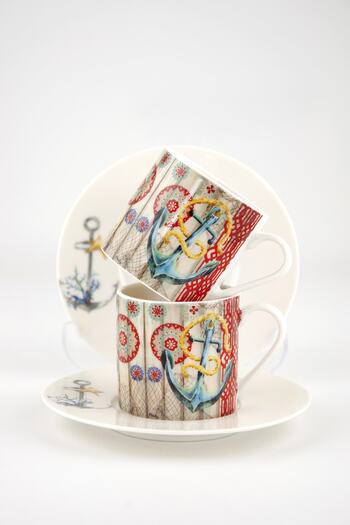 Bursa Porselen Dekor Retro Marine Pattern Coffee Cup Set for Two