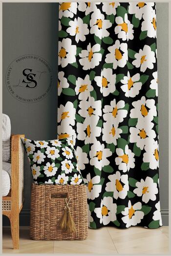 SasoHome Yellow Green Spring Daisies Designed Velvet 140 X 270 Cm Quality - Digital Printed Background Curtain