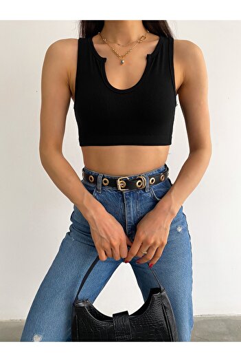 laughs Women's Black V-Neck Thick Strap Collar Detailed Six Elastic Camisole Crop Blouse Blz8832