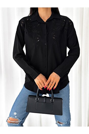 laughs Women's Black Scalloped Long Sleeve Linen Look Shirt De3210