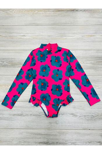My Kids Wear Long Sleeve Flower Printed Ruffle Detailed Swimsuit