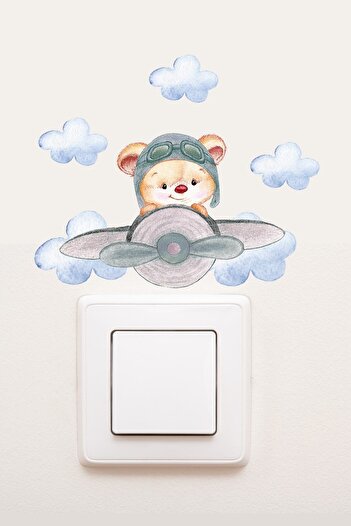 Sim Tasarım - Priză - Autocolant decorativ pentru cameră pentru copii Pilot Teddy Bear - Sim770