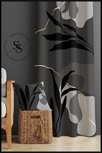 SasoHome Black Leaves Patterned Gray Velvet Curtain - 140x270 cm, Digital Printed