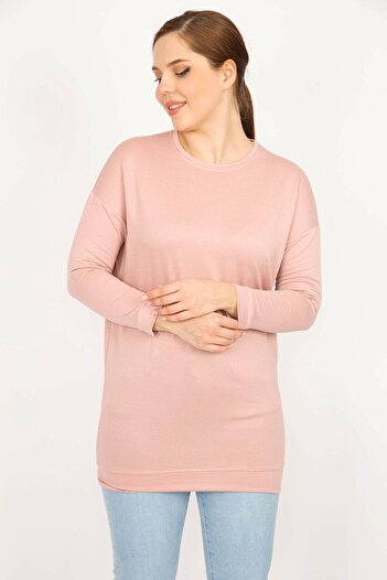 Şans Women's Large Size Pink Crew Neck Long Sleeve Viscose Blouse 65n29997