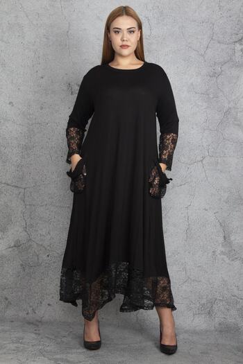 Şans Women's Large Size Black Lace Detailed Viscose Long Sleeve Dress 65n18911