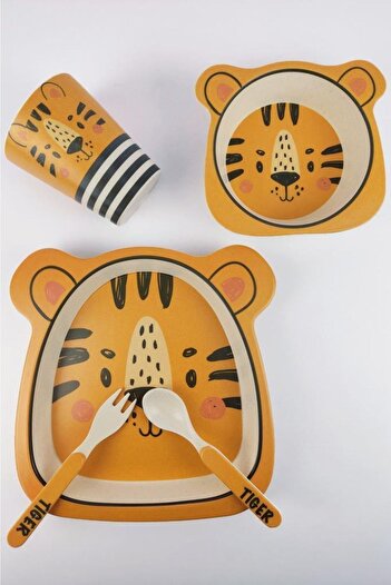 Digithome 5 Piece Bamboo Food Dining Set with Tiger Pattern - Thn30500 C1-1-18