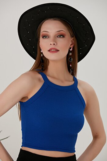 CATSPY Saks Mavisi Fitted/vücuda Oturan Iki Omuzu Açık Miami Fitilli Esnek Örme Bluz