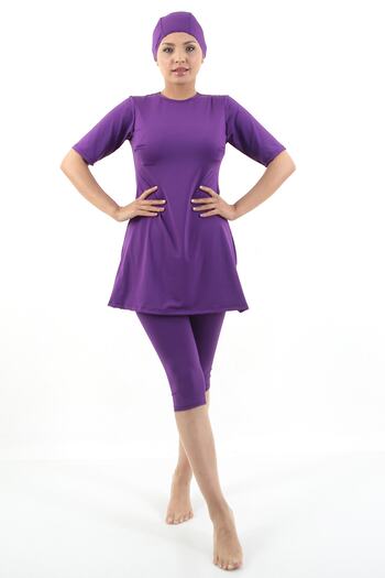TİGERS S Women's Plain Color Half Sleeve Lycra Fabric Hijab Swimsuit