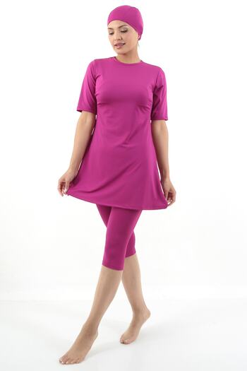 TİGERS S Women's Plain Color Half Sleeve Lycra Fabric Hijab Swimsuit