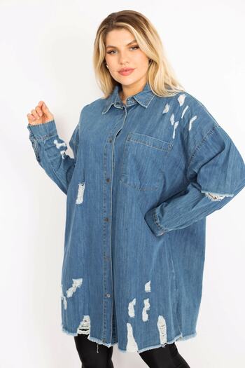 Şans Women's Large Size Blue Ripped Detailed Loose Cut Oversize Denim Tunic Jacket 65n28046