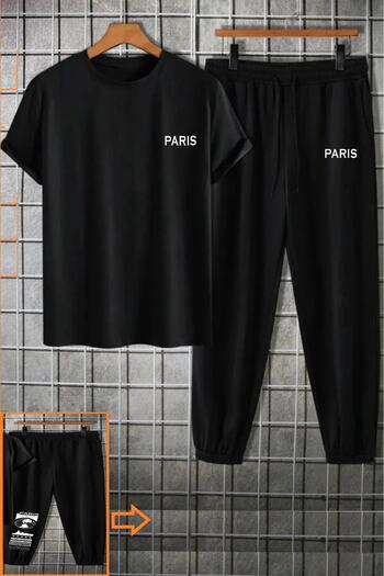 YUVEST Tepláky a tričko s potiskem Paris Black Bottom Top Tepláková souprava Oversize Crew Neck