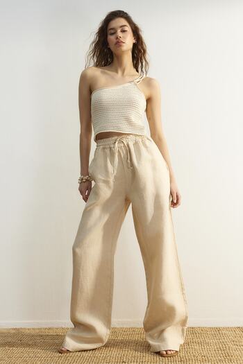Trendyol Collection Beige 100% Linen High Waist Wide Leg Pants with Elastic Waist