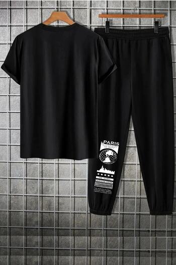 YUVEST Tepláky a tričko s potiskem Paris Black Bottom Top Tepláková souprava Oversize Crew Neck