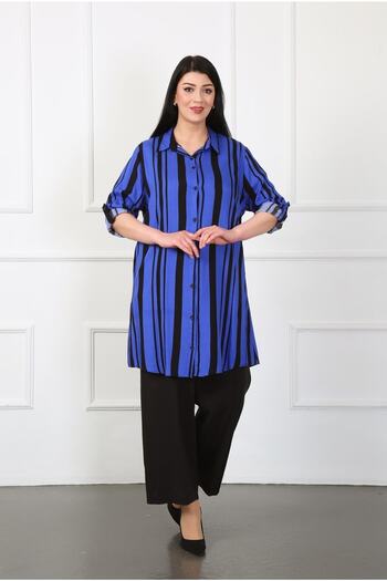 By Alba Collection Women's Navy Blue Cotton Viscose Patterned Large Size Tunic