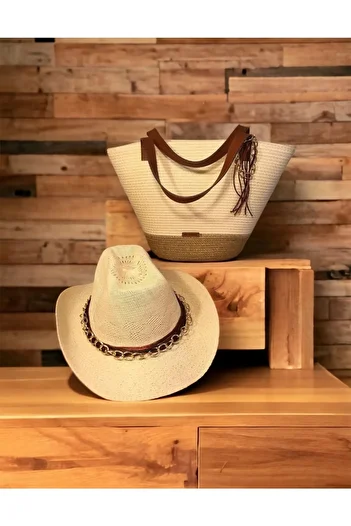 AYŞE SERHOŞOĞLU HOME DESİGN Straw Bag, Beach Bag and Hat Set of 2, Handmade Beach Bag and Beach Hat