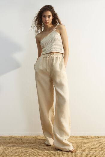 Trendyol Collection Beige 100% Linen High Waist Wide Leg Pants with Elastic Waist