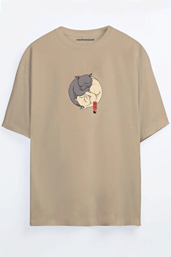 Harmandar Μπλουζάκι Ying Yang Cat Printed Unisex Beige Oversize