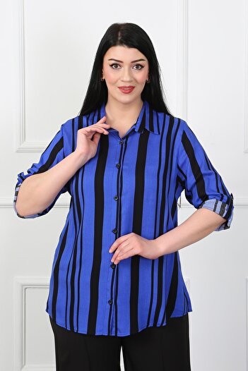 By Alba Collection Жіноча темно-синя сорочка з товстими смугами з бавовняного віскозу, великий розмір