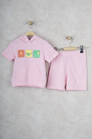 BUUFUU Smiling Face Hooded Children's Double Set with Kangaroo Pocket Shorts